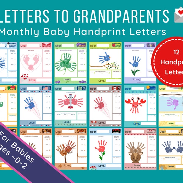 Monthly Baby Handprint Letters to Grandma and Grandpa, Unique New Grandparent Gift, Fun Snail Mail Stationery Set for Young Kids