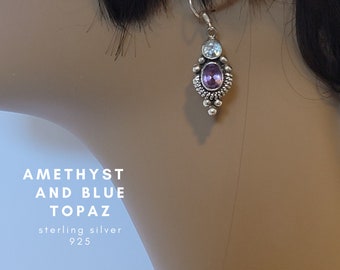 Earrings Amethyst and blue topaz vintage sterling silver 925 earrings