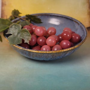 May include: A blue ceramic bowl filled with red grapes. The bowl has a gold rim and sits on a blue and green surface. A green grape leaf and vine are on the left side of the bowl.