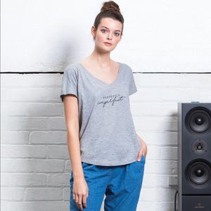 NEW STOCK Ladies Loose Fit Cotton Mix V neck Tee Shirt  Approved Vegan. Yoga Top. Perfectly Imperfect