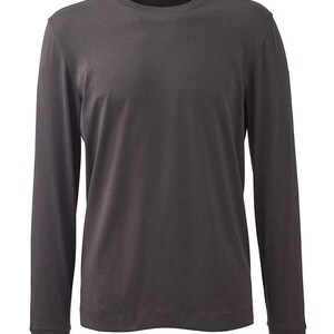 May include: A charcoal gray long-sleeve t-shirt with a crew neck.