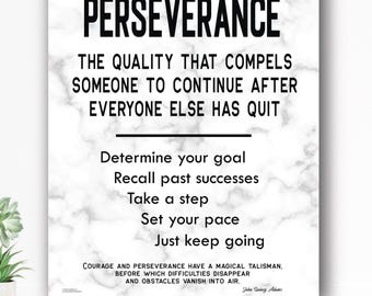 Perseverance - Motivational Educational Art, Inspirational Quote, Black on White Marble, Home Office Wall Décor Canvas Ready to Hang