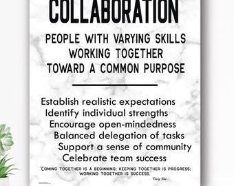 Collaboration - Motivational Educational Art, Inspirational Quote, Black on White Marble, Home Office Wall Décor Canvas Ready to Hang