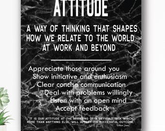Attitude - Motivational Educational Art, Inspirational Quote, White on Black Marble, Home Office Wall Décor Canvas Ready to Hang