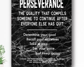 Perseverance - Motivational Educational Art, Inspirational Quote, White on Black Marble, Home Office Wall Décor Canvas Ready to Hang