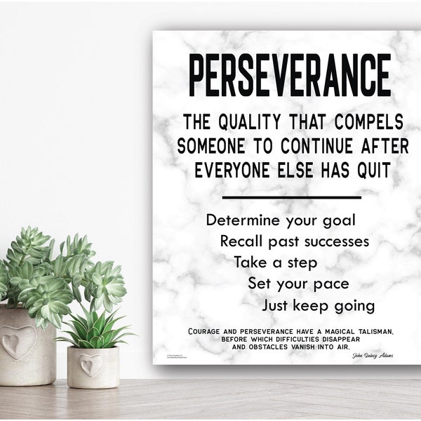 Perseverance - Motivational Educational Art, Inspirational Quote, Black on White Marble, Home Office Wall Décor Canvas Ready to Hang