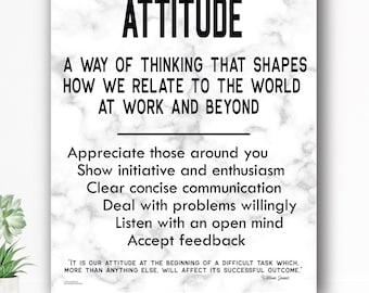 Attitude - Motivational Educational Art, Inspirational Quote, Black on White Marble, Home Office Wall Décor Canvas Ready to Hang