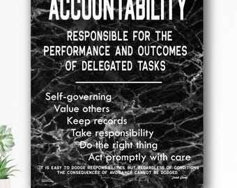 Accountability - Motivational Educational Art, Inspirational Quote, White on Black Marble, Home Office Wall Décor Canvas Ready to Hang