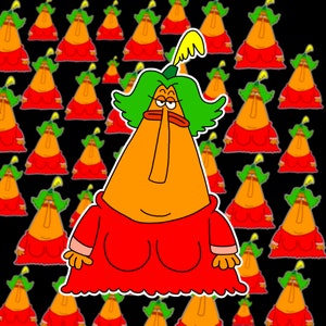 May include: A cartoon illustration of a character with an orange face, green hair, and a red dress. The character is set against a black background with a repeating pattern of the same character.