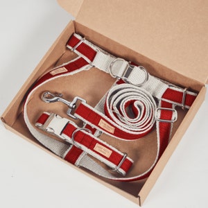 May include: A red and white dog harness and leash set with the text "Good Dog London" on the straps. The set is in a brown cardboard box.