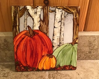 Gourd Decor Vibrant Gift idea Whimsical Pumpkin- Original 6x6 Alcohol Ink Painting On Ceramic Tile Fall Art