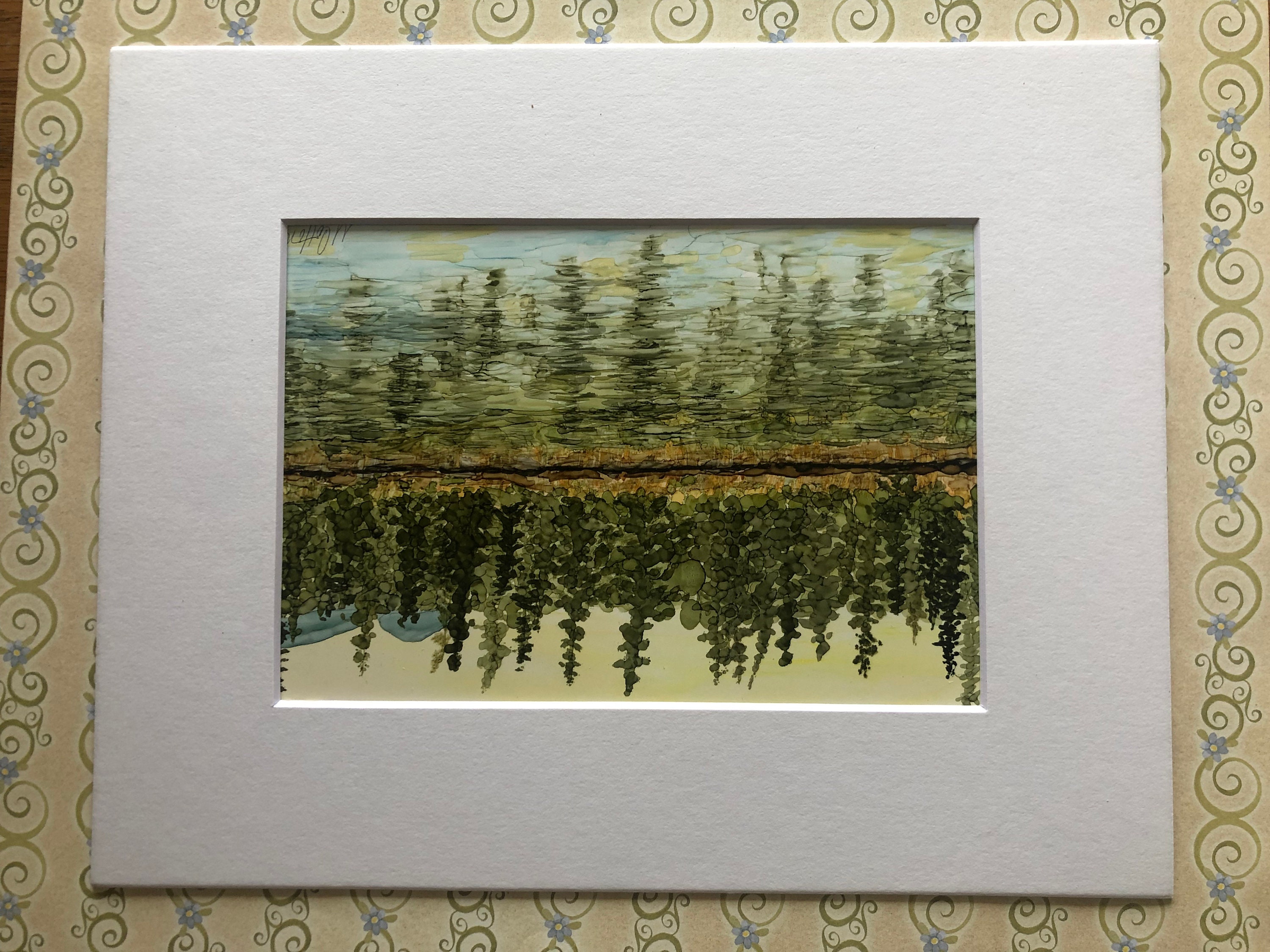 Original Lake Landscape With Reflection on Water. Alcohol Ink Painting ...