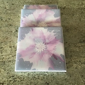 Hand  painted 4x4 drink coasters, hand painted abstract flower on lavender background, alcohol ink art