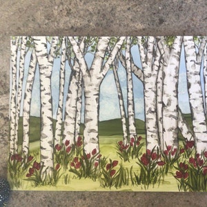 Paisaje de montaña de álamo o abedul, pintura original con tinta de alcohol, 9x12, bosque de abedules con tulipanes, paisaje de tulipanes rojos, regalo para mamá