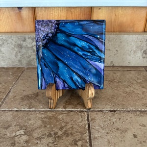 Purple and blue flower drink coaster, hand painted with alcohol inks on 4-1/4 inch ceramic tile