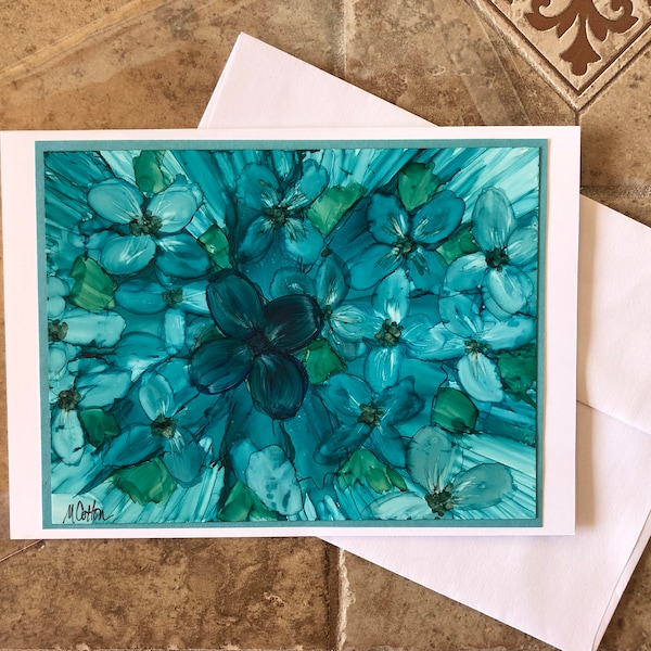 Hand painted notecard, abstract turquoise flowers, blank greeting card, alcohol ink art