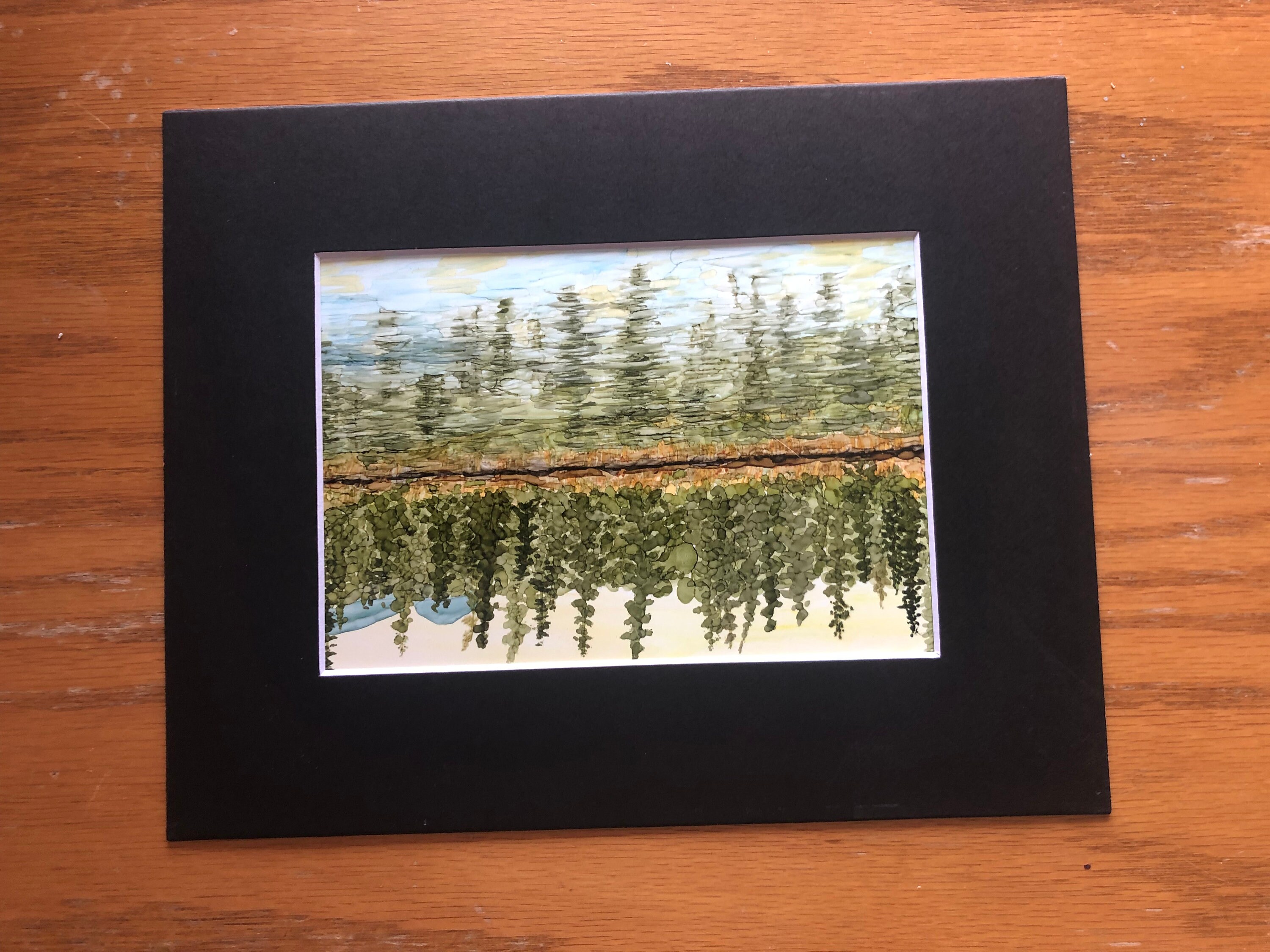 Original Lake Landscape With Reflection on Water. Alcohol Ink Painting ...