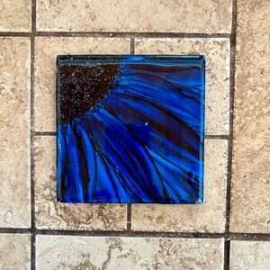 Blue flower drink coaster, hand painted with alcohol inks on 4-1/4 inch ceramic tile