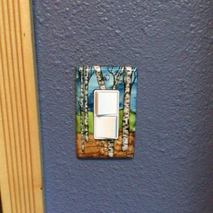Hand painted outlet cover, birch trees, aspen trees, alcohol ink painting