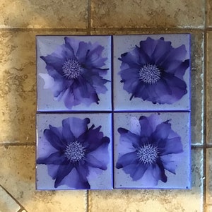 Individual drink coasters, hand painted abstract purple flowers on Silestone tile