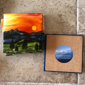 Single hand painted alcohol ink coaster, mountain landscapes on 4 -1/4 inch ceramic tile