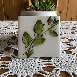 Hand painted green leaves on hexagon ceramic tile, coaster
