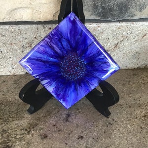 4 inch drink coaster, hand painted purple abstract flower on 4 inch Silestone tile