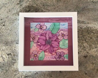 Fiori tropicali viola, colori pastello, pittura a inchiostro alcolico, stanza della ragazza, vivaio bambina, fiori dipinti a mano