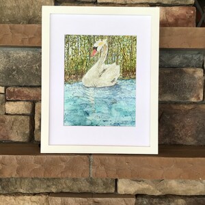 Hand painted alcohol ink painting, swan on a tree lined lake. This is an 8x10 original piece of art a with 11x14 white mat included.