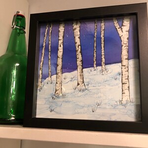 Pintura original de abedul de invierno, enmarcada en blanco o negro caja de sombras 9x9