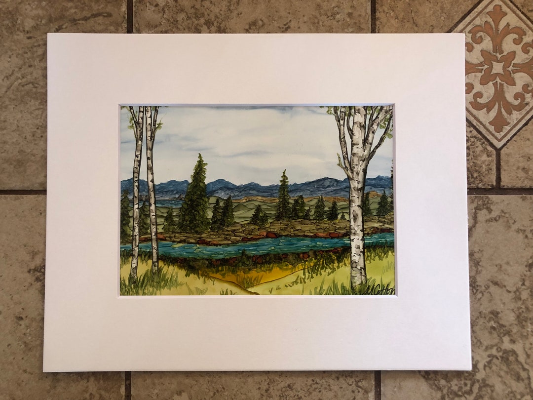 Original River Landscape With Birch or Aspen Trees. Alcohol Ink ...