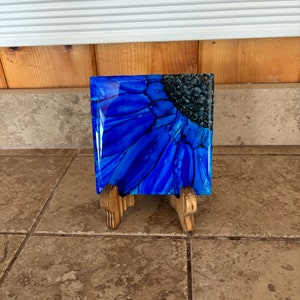 Blue flower drink coaster, hand painted with alcohol inks on 4-1/4 inch ceramic tile