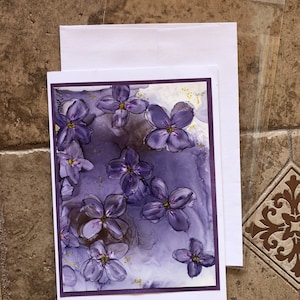 Hand painted notecard, abstract purple flowers, blank greeting card, alcohol ink art