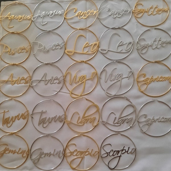 Signature zodiac earrings Hoop zodiac earrings Cursive zodiac earrings Zodiac jewelry Virgo Leo Scorpio Capricorn Libra Taurus Aries Pisces