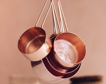 Copper Measuring Cups Set of Four - 1/4, 1/3, 1/2 & 1 Cups, Kitchen Tools for Measuring, Baking Cups, Metallic Scoops, Mom Gift Box for Her