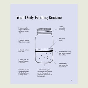Peut inclure: Une illustration en noir et blanc d'un bocal en verre avec un &eacute;lastique autour. Le bocal est &eacute;tiquet&eacute; "Votre levain actif" et porte une l&eacute;gende qui dit "Votre routine d'alimentation quotidienne". L'illustration montre les &eacute;tapes pour nourrir un levain de pain au levain.