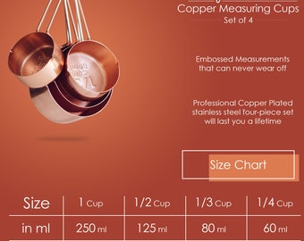 Copper Measuring Cups Set of Four 1/4, 1/3, 1/2 & 1 Cups, Kitchen Tools for  Measuring, Baking Cups, Metallic Scoops, Mom Gift Box for Her 
