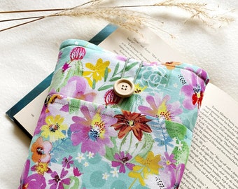 Floral Book Sleeve with Pocket, Padded Book Cover, Protector for Books and Kindles, Bookish Gifts, Book Purse, Book Bag, Book Accessories