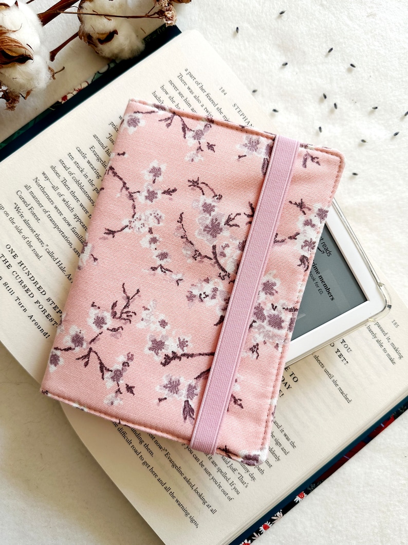 Flowers Kindle Cover With Elastic Closure, Padded Kindle Sleeve, Pink Kindle Pouch, Book Accessories, Pink E-reader Case, Book Lover Gift image 3