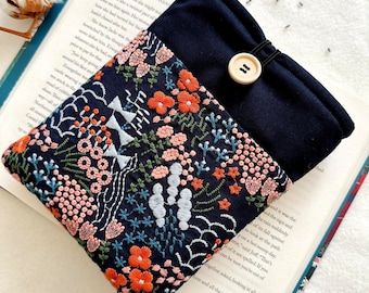Embroidered Book Sleeve with Pocket, Padded Book Cover, Protector for Books and Kindles, Bookish Gifts, Floral Book Purse, Book Bag.