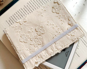 Embroidery Kindle Cover With Elastic Closure, Padded Kindle Sleeve, Flowers Kindle Pouch, Book Accessories, Beige Kindle Case, Bookish Gifts