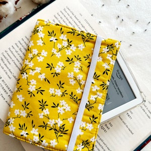 Flowers Kindle Cover With Elastic Closure, Padded Kindle Sleeve, Mustard Kindle Pouch, Book Accessories, E-reader Case, Book Lover Gift image 3