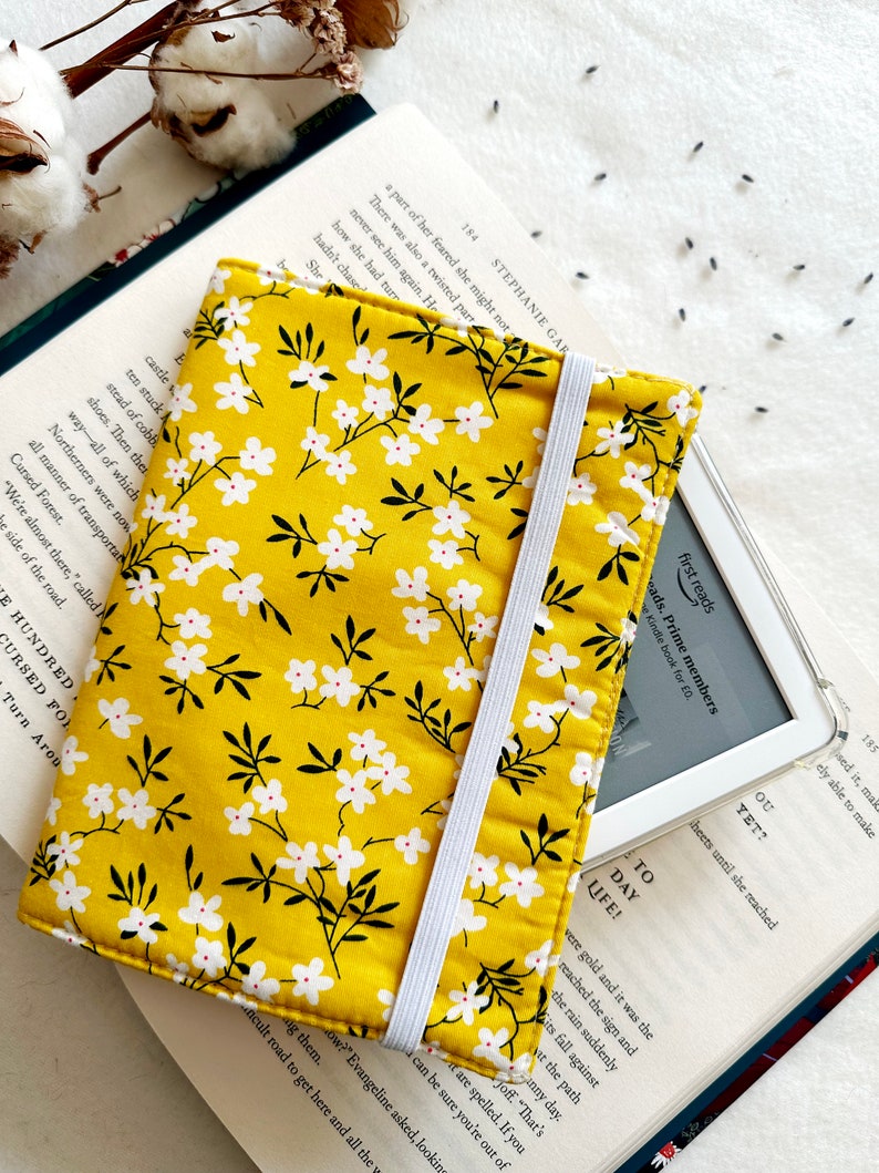 Flowers Kindle Cover With Elastic Closure, Padded Kindle Sleeve, Mustard Kindle Pouch, Book Accessories, E-reader Case, Book Lover Gift image 3