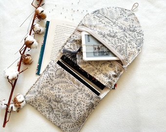 Embroidery Book Purse with Pocket, Padded Book Sleeve, Floral Book Cover, Book Bag with Zipper, Book Accessories, Bookish Gifts, Book Jacket