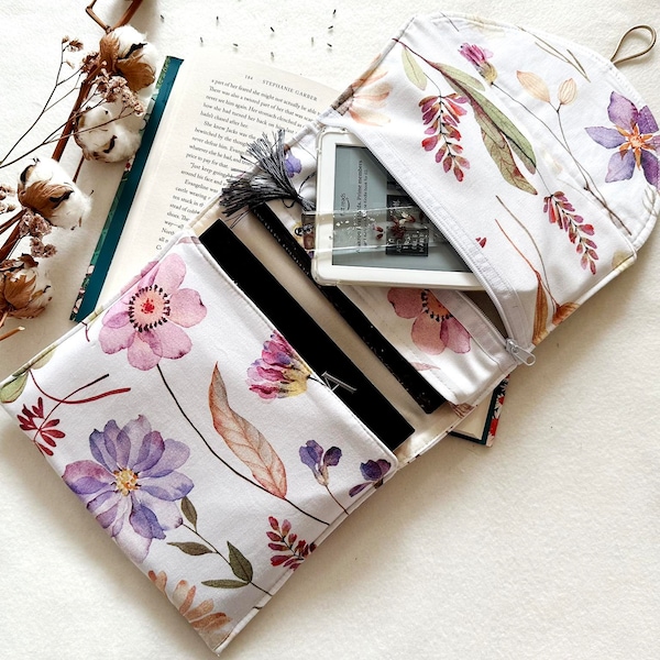 Book Purse with Pocket, Padded Book Sleeve, Floral Book Cover, Book Bag with Zipper, Book Accessories, Bookish Gifts, Book Case, Book Jacket