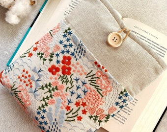Embroidered Book Sleeve with Pocket, Padded Book Cover, Protector for Books and Kindles, Bookish Gifts, Floral Book Purse, Book Bag.