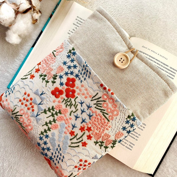 Embroidered Book Sleeve with Pocket, Padded Book Cover, Protector for Books and Kindles, Bookish Gifts, Floral Book Purse, Book Bag.