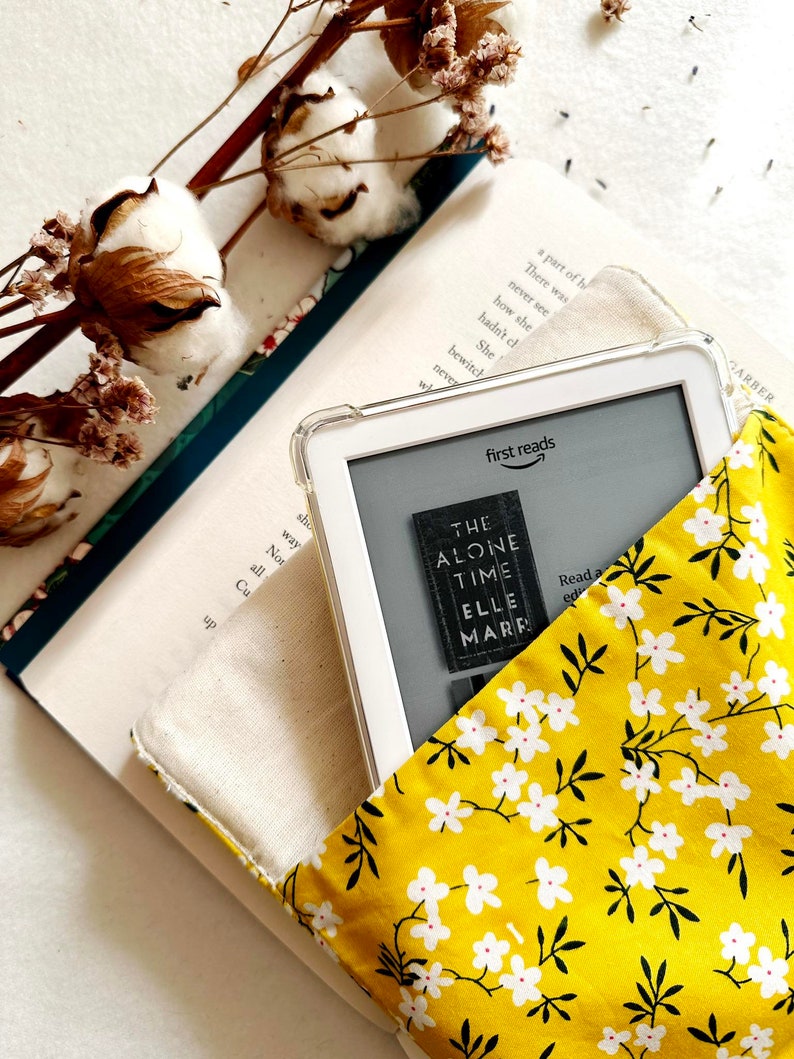 Flowers Kindle Cover With Elastic Closure, Padded Kindle Sleeve, Mustard Kindle Pouch, Book Accessories, E-reader Case, Book Lover Gift image 6