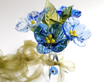 Murano Glass Tiny Blue Flower Bouquet (Set of 5 flowers, 1 leaf and 1 vase)/Handmade Lampwork Glass/Special Mother's Day Gift