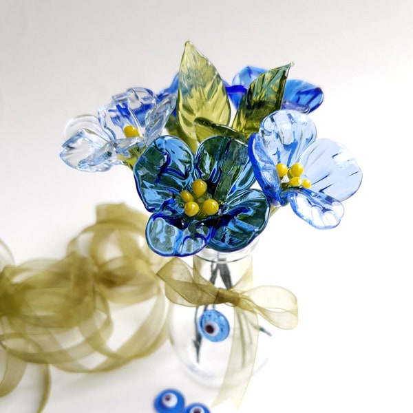 Murano Glass Tiny Blue Flower Bouquet (Set of 5 flowers, 1 leaf and 1 vase)/Handmade Lampwork Glass/Special Mother's Day Gift